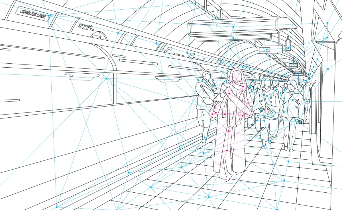 Vector graphic illustration. The outlines of a metro station scene. Many persons and objects, all connected by a blue network of linkes. One person in the centre who's lines are magenta and her outline forming a border against the rest of the network.